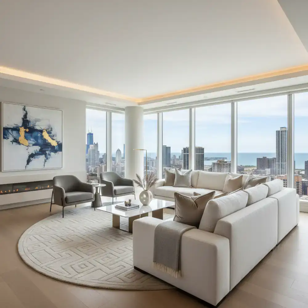 Immaculately clean premium living room interior in Chicago