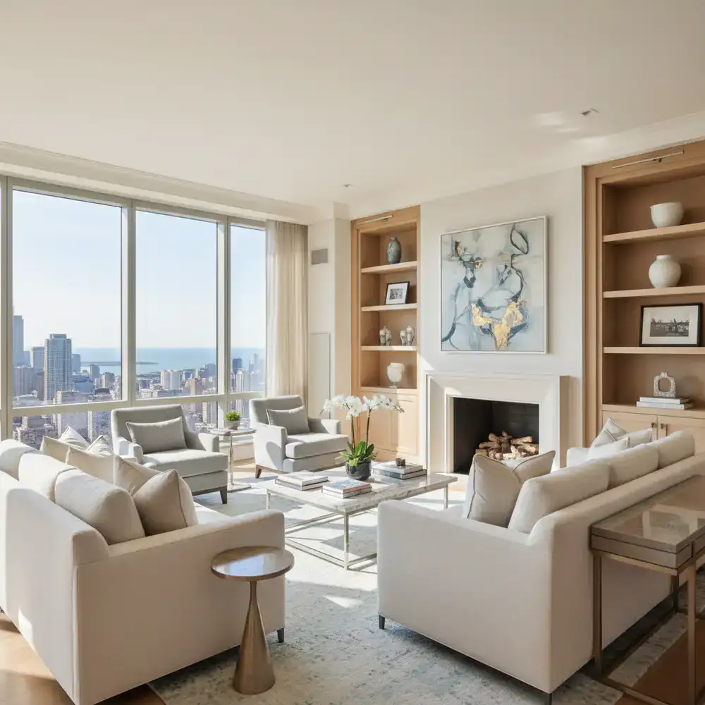 Pristine, sunlit premium living room interior in Chicago