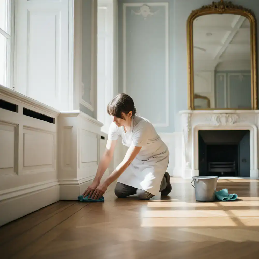 Wiping down baseboards and architectural details