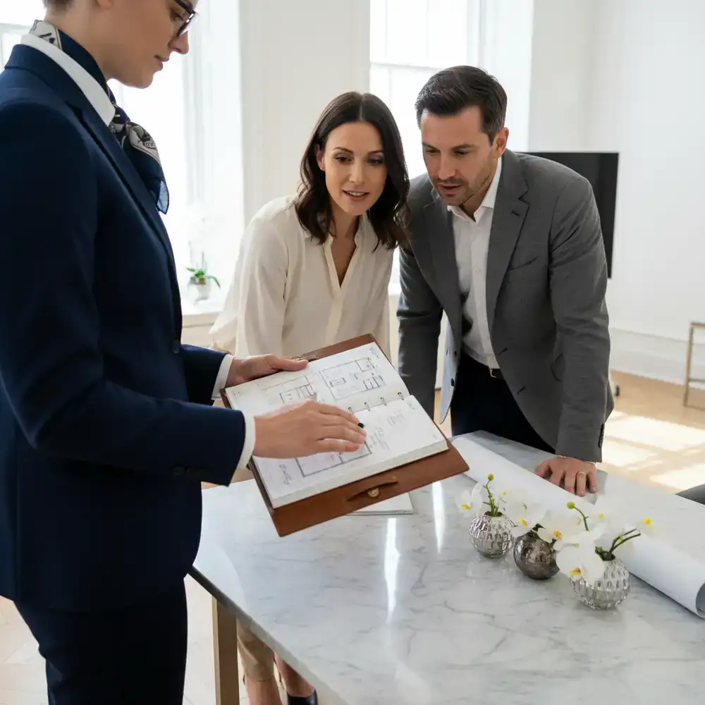 Concierge holding a planner discussing custom home cleaning layout