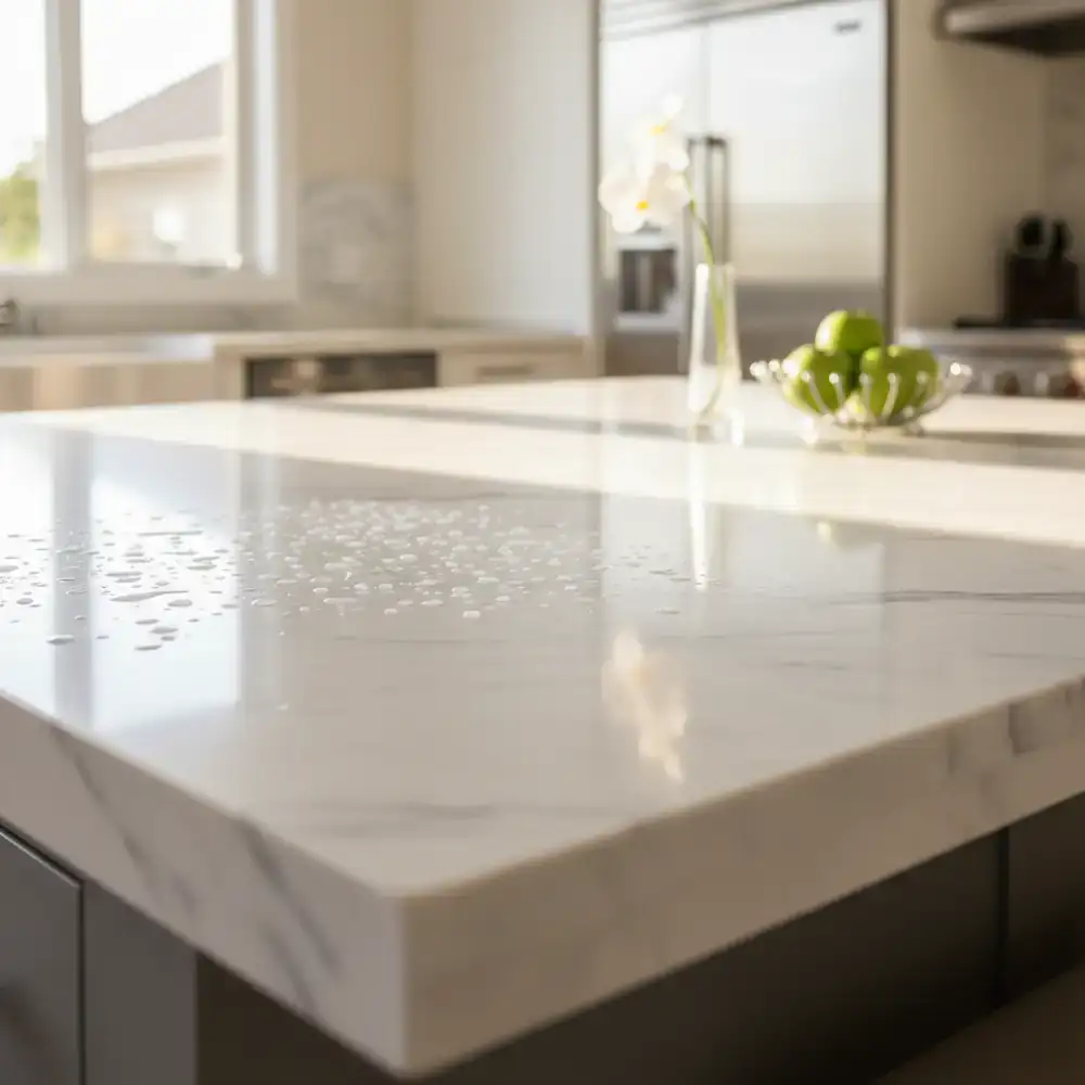 Close up of a sparkling clean marble kitchen island
