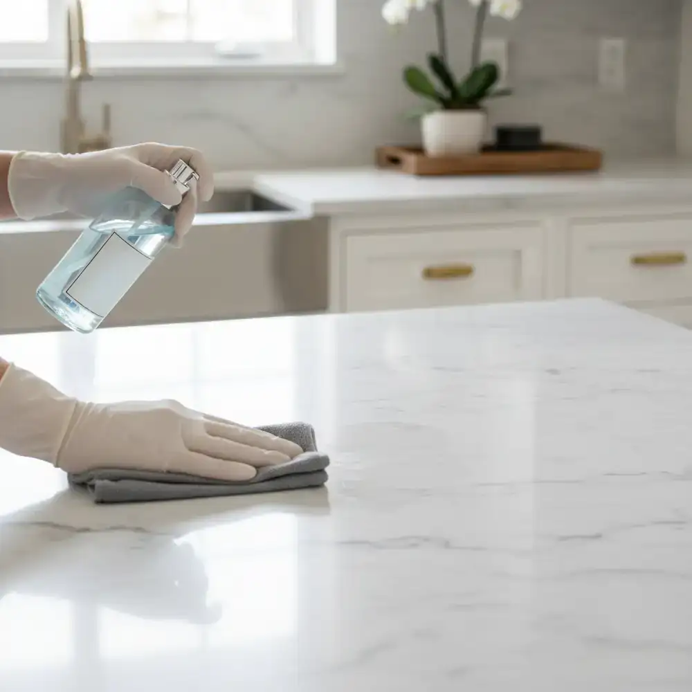 Sanitizing a luxury marble kitchen counter