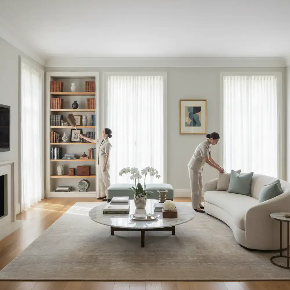 Dusting and organizing a premium living room