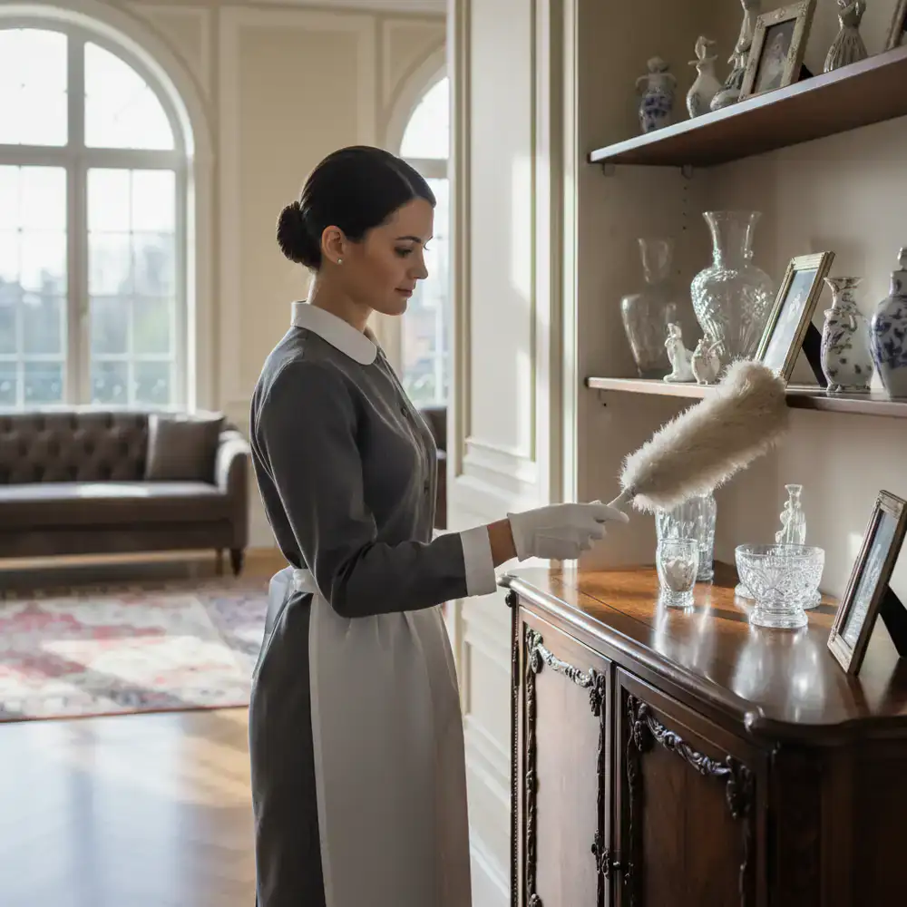Housekeeper carefully dusting a decorative living room shelf